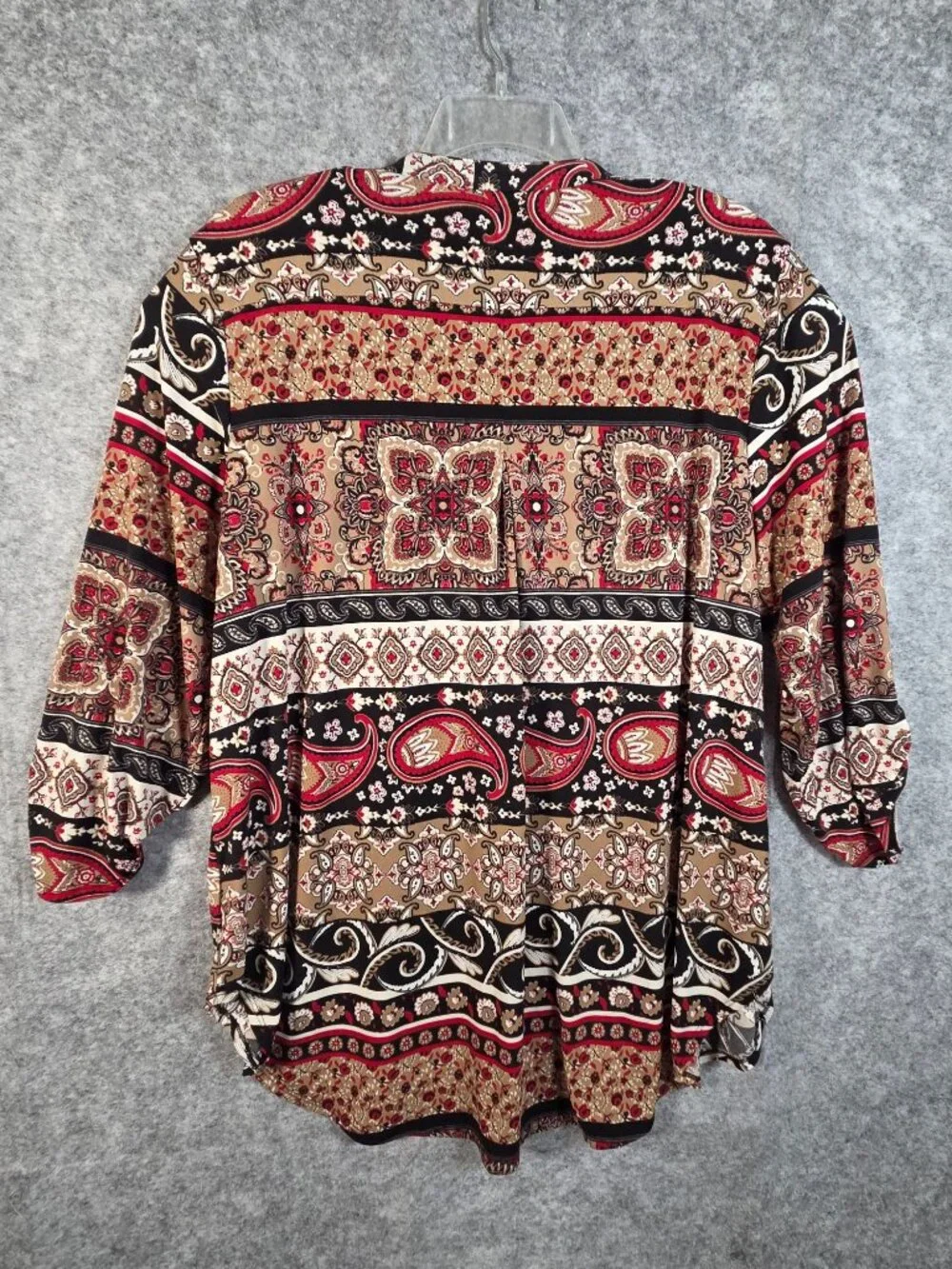 Cato Boho Paisley Medallion Blouse Red Black Tan V-Neck Tab Sleeve size 22/24